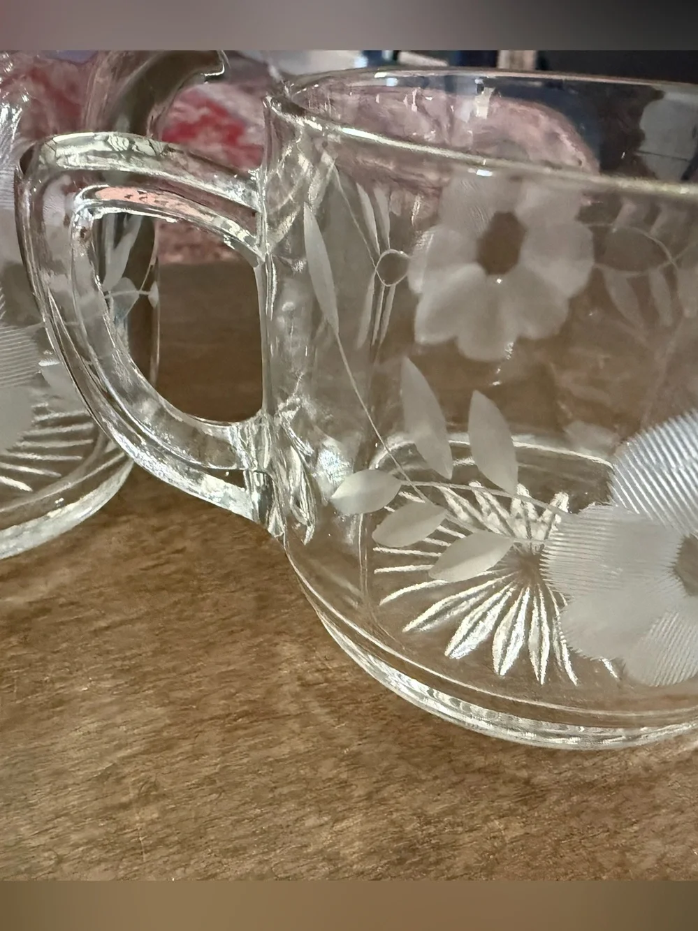 Vintage Floral Cut and Etched Glass Cream, Sugar, and Dish Set